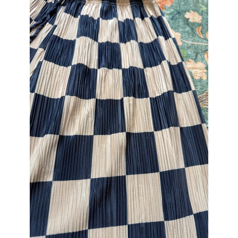 Silence + Noise Checkered Plisse Wide Leg Pants Navy Tan Small Elastic Waist - Picture 11 of 14
